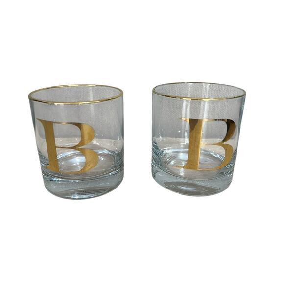 Pasabahce 2 Monogramed"B" Old Fashioned Low Ball Glass from Pasabahce Gold Rim - Picture 1 of 10